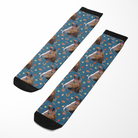 Custom Solo with Stable Snackies Socks featuring horse head pattern on blue background with snack icons
