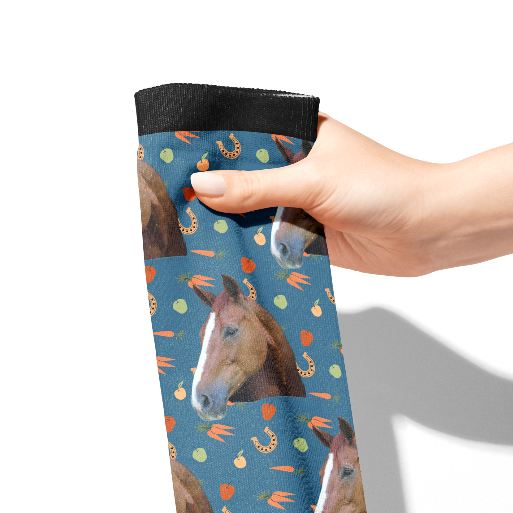 Custom Solo with Stable Snackies Socks featuring horse and snack pattern, cotton blend, made in USA.