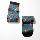 Custom Solo with Stable Snackies Socks featuring horse photo and colorful snack pattern on blue background