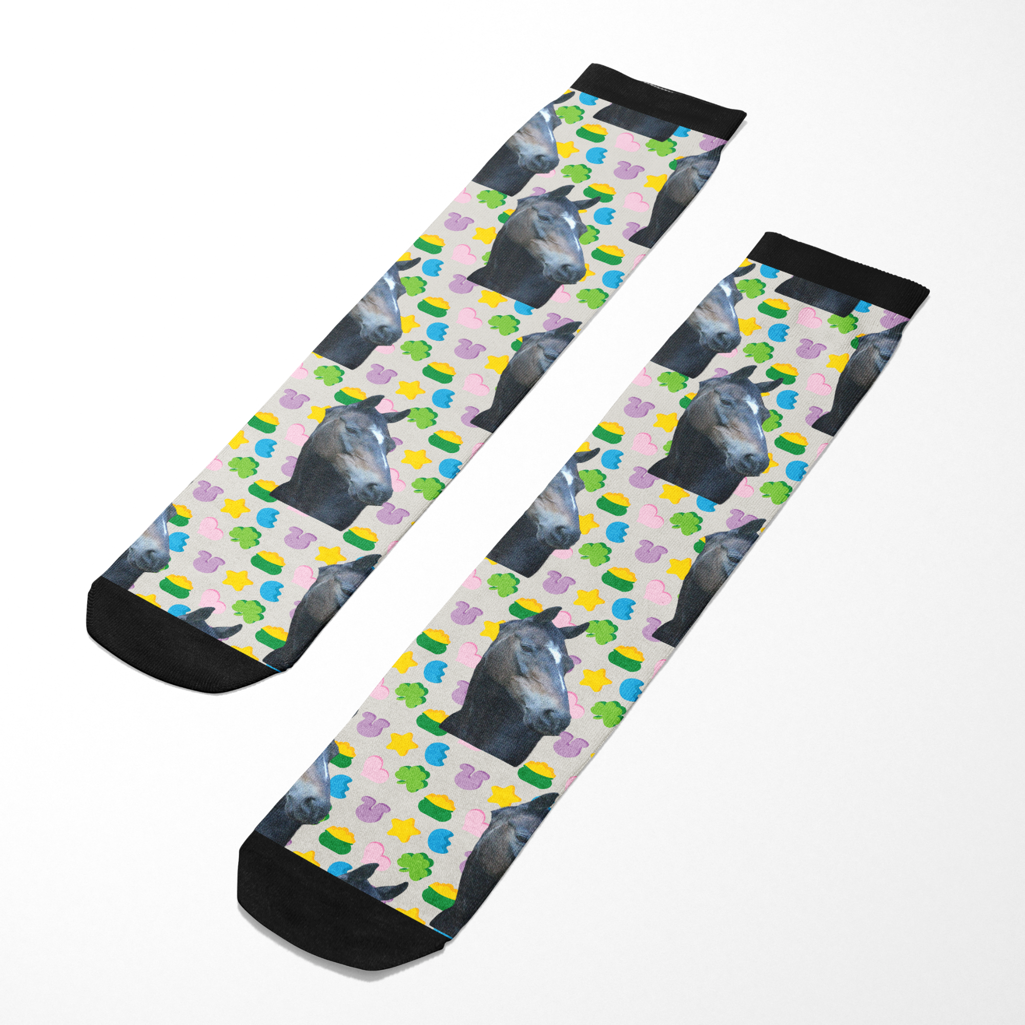 Custom solo socks with personalized horse photo and colorful pattern on white background