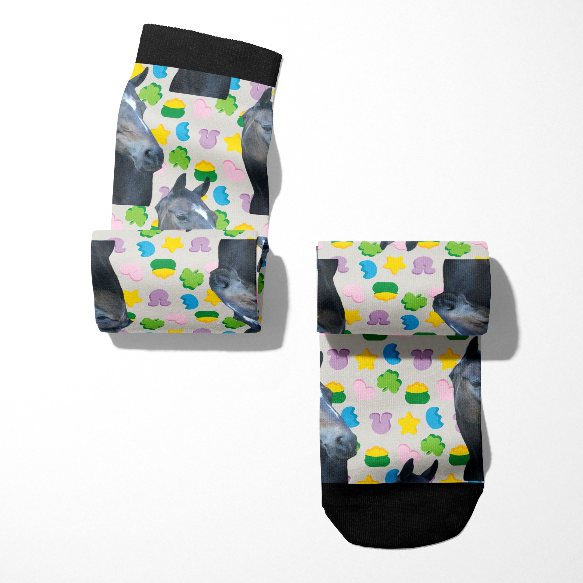 Custom solo socks featuring personalized horse images and colorful lucky charm patterns on Dreamers & Schemers Boot Socks.