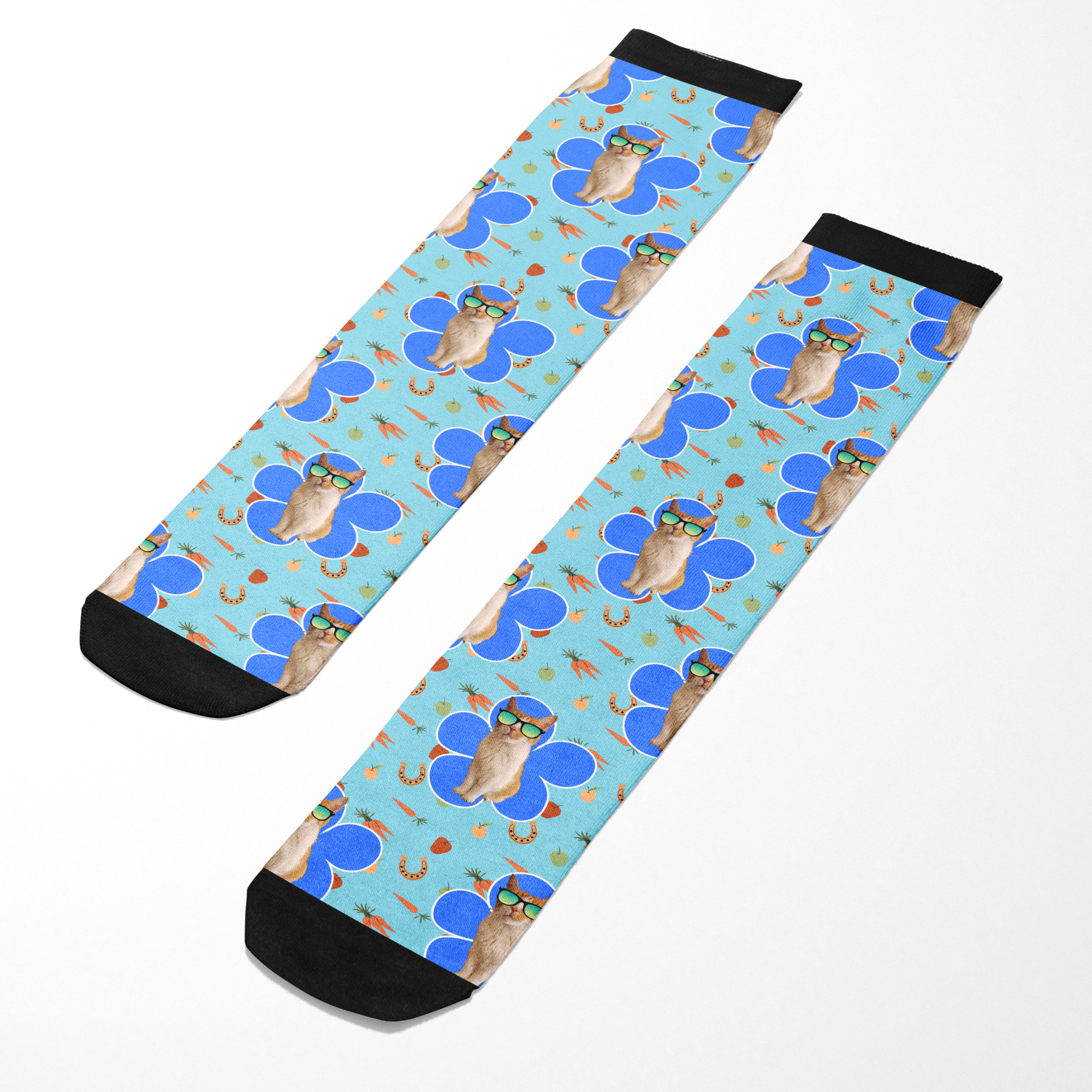 Custom Flower with Stable Snackies Socks featuring playful animal and stable-themed pattern on blue background with black toe and cuff accents