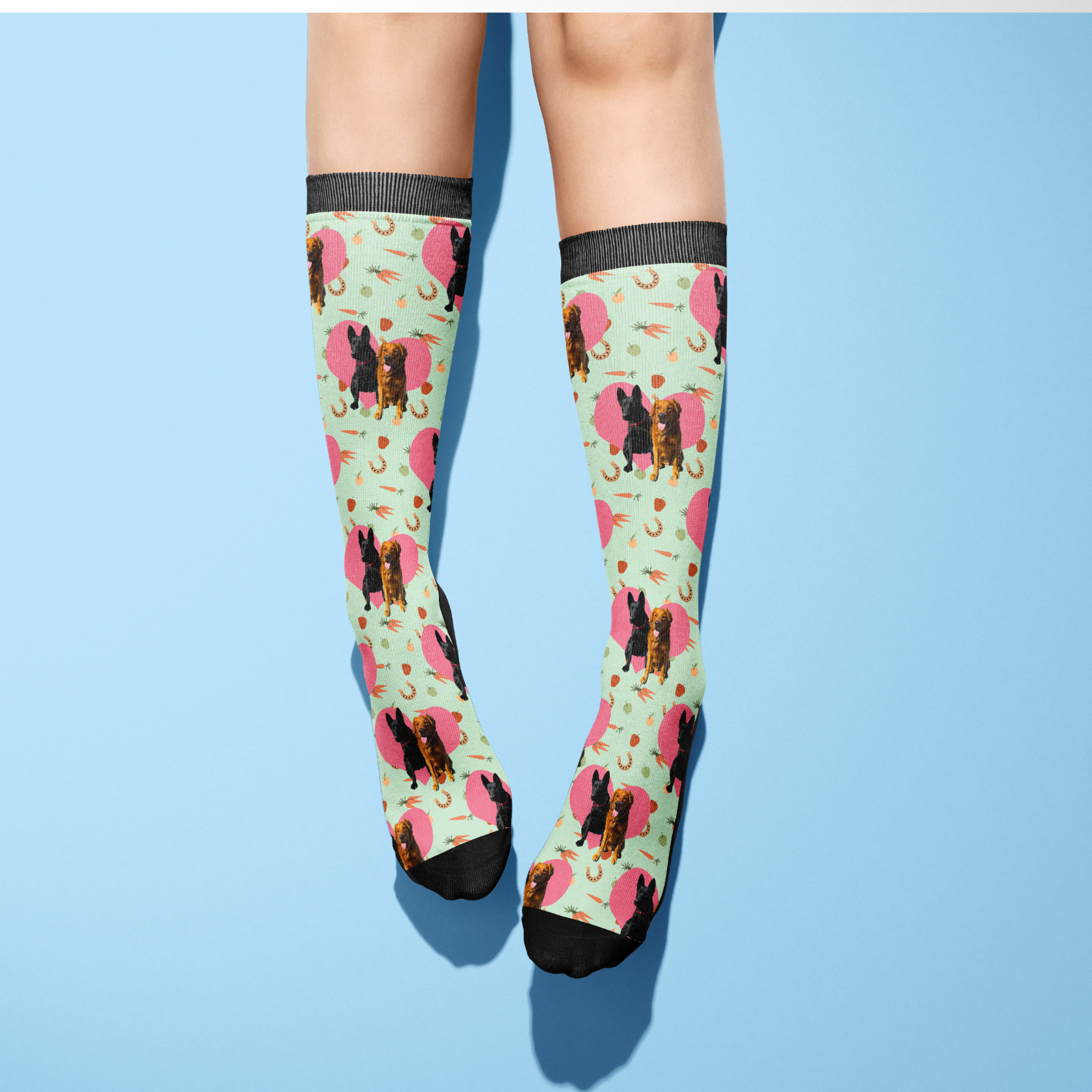 Custom Heart with Stable Snackies Socks featuring personalized horse and snack pattern on knee-high socks against blue background