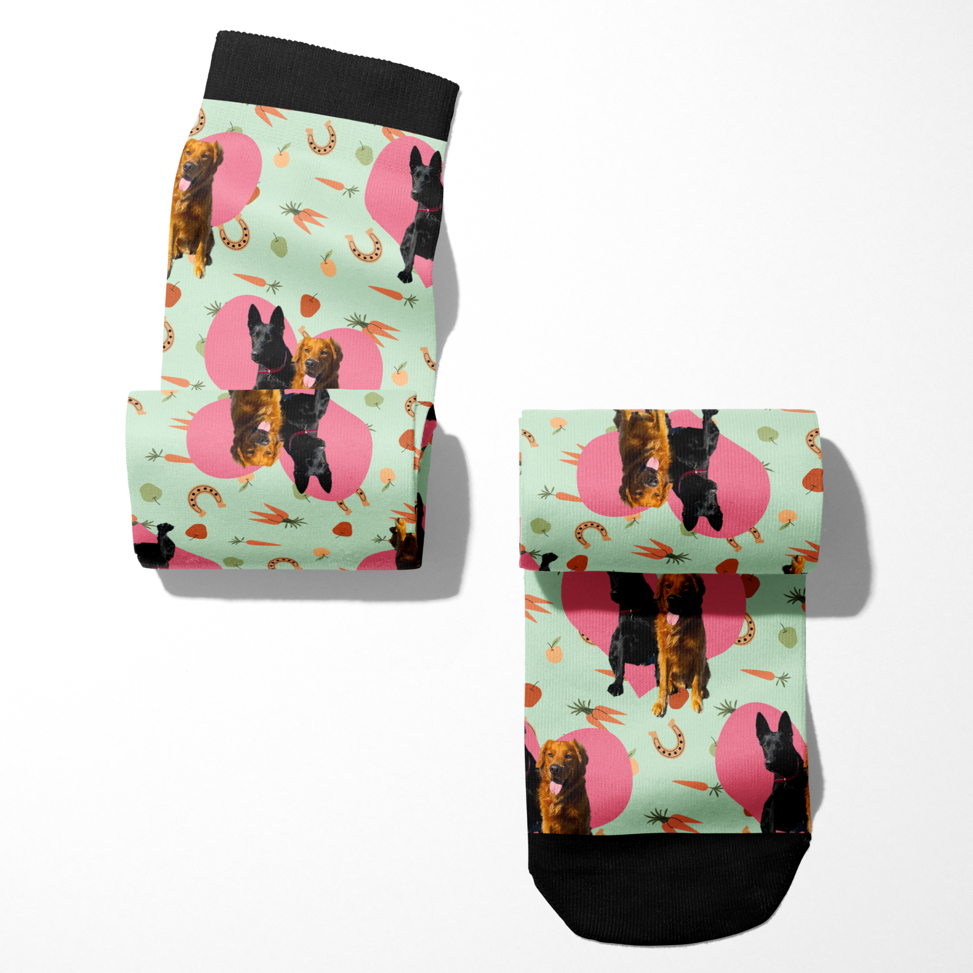 Custom Heart with Stable Snackies Socks featuring personalized dog images and snack-themed pattern on mint background