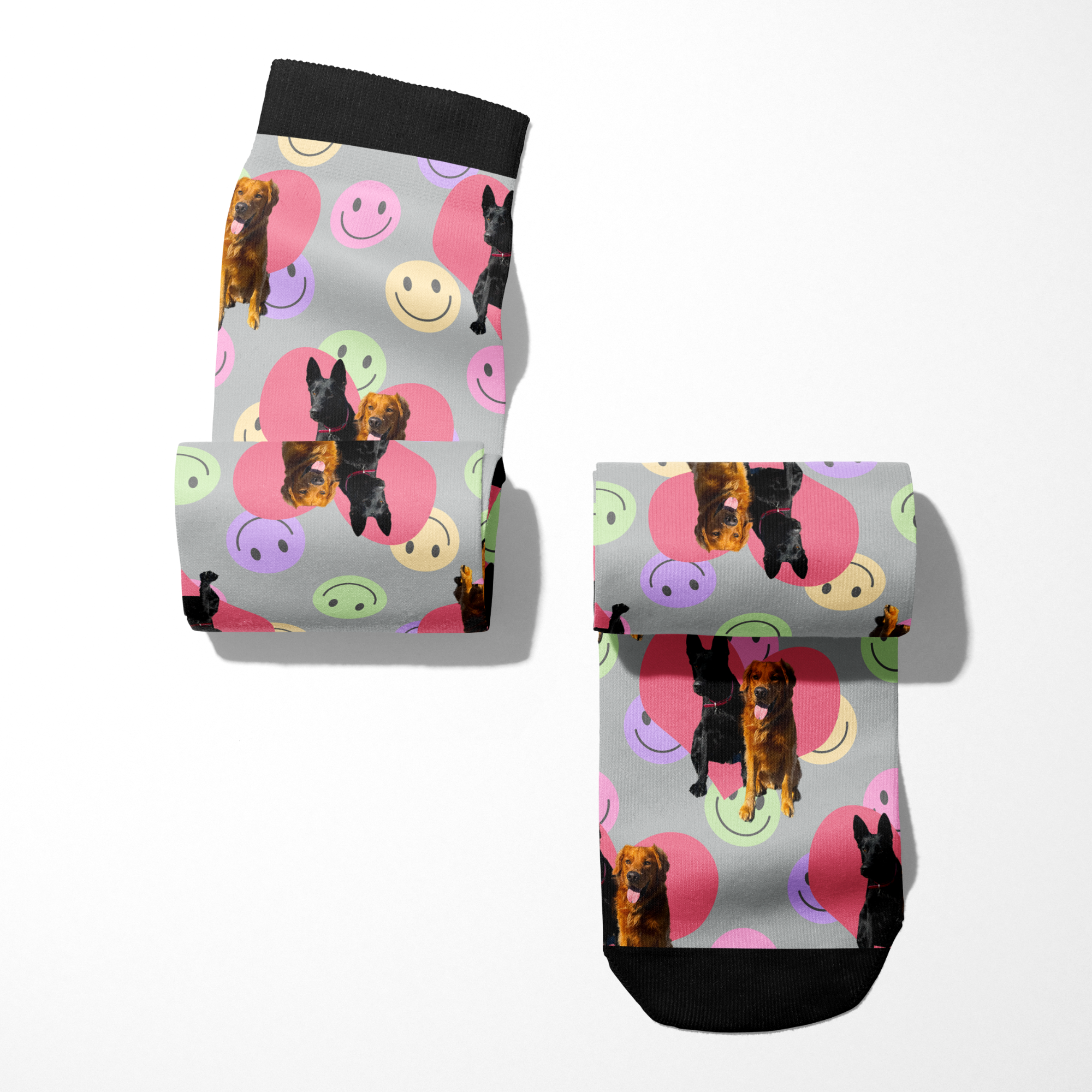 Custom Heart with Smiley Vibes Socks featuring colorful smiley faces and personalized pet photos on gray background