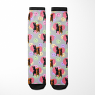 Custom Heart with Smiley Vibes Socks featuring colorful smiley faces and personalized pet photos on gray background