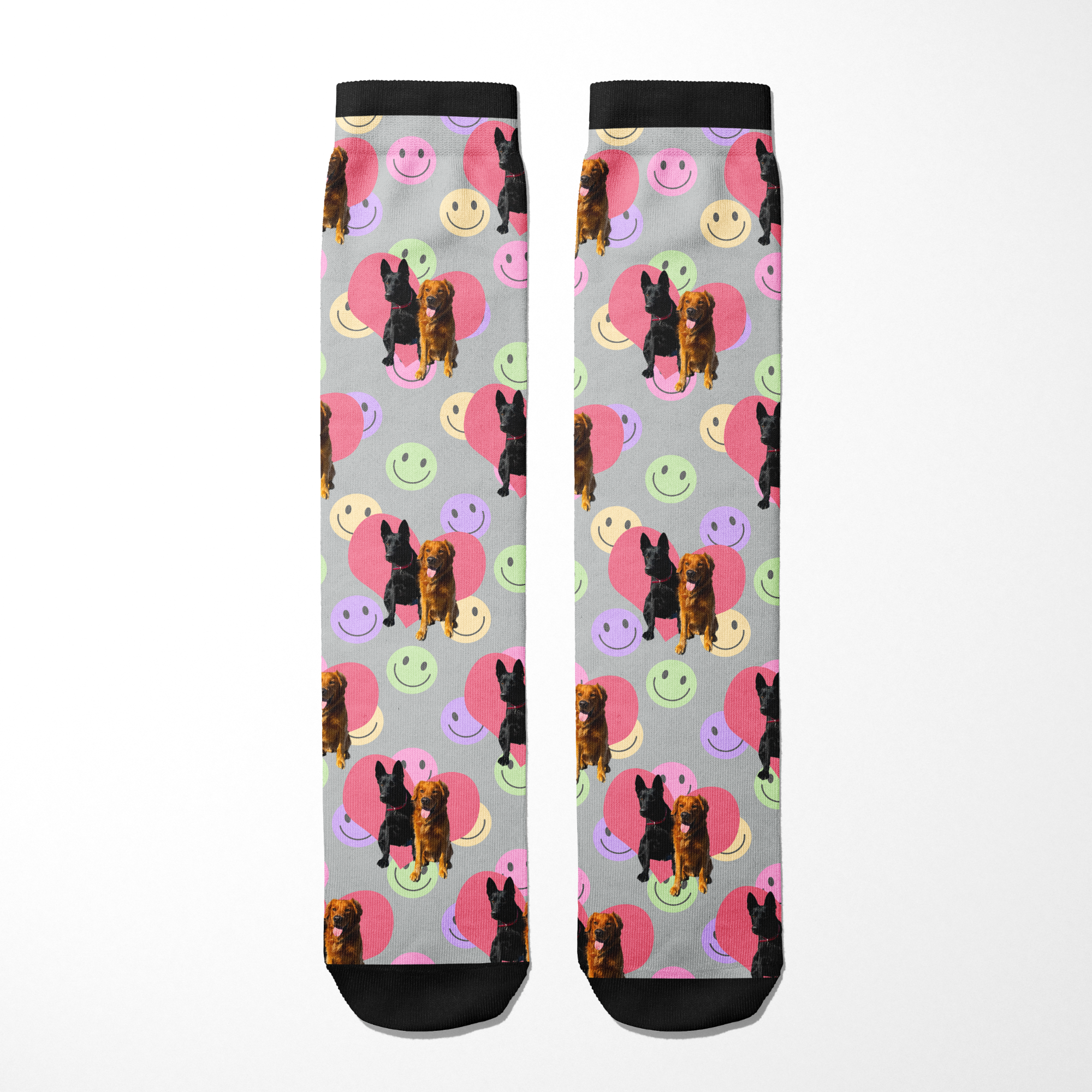 Custom Heart with Smiley Vibes Socks featuring colorful smiley faces and personalized pet photos on gray background