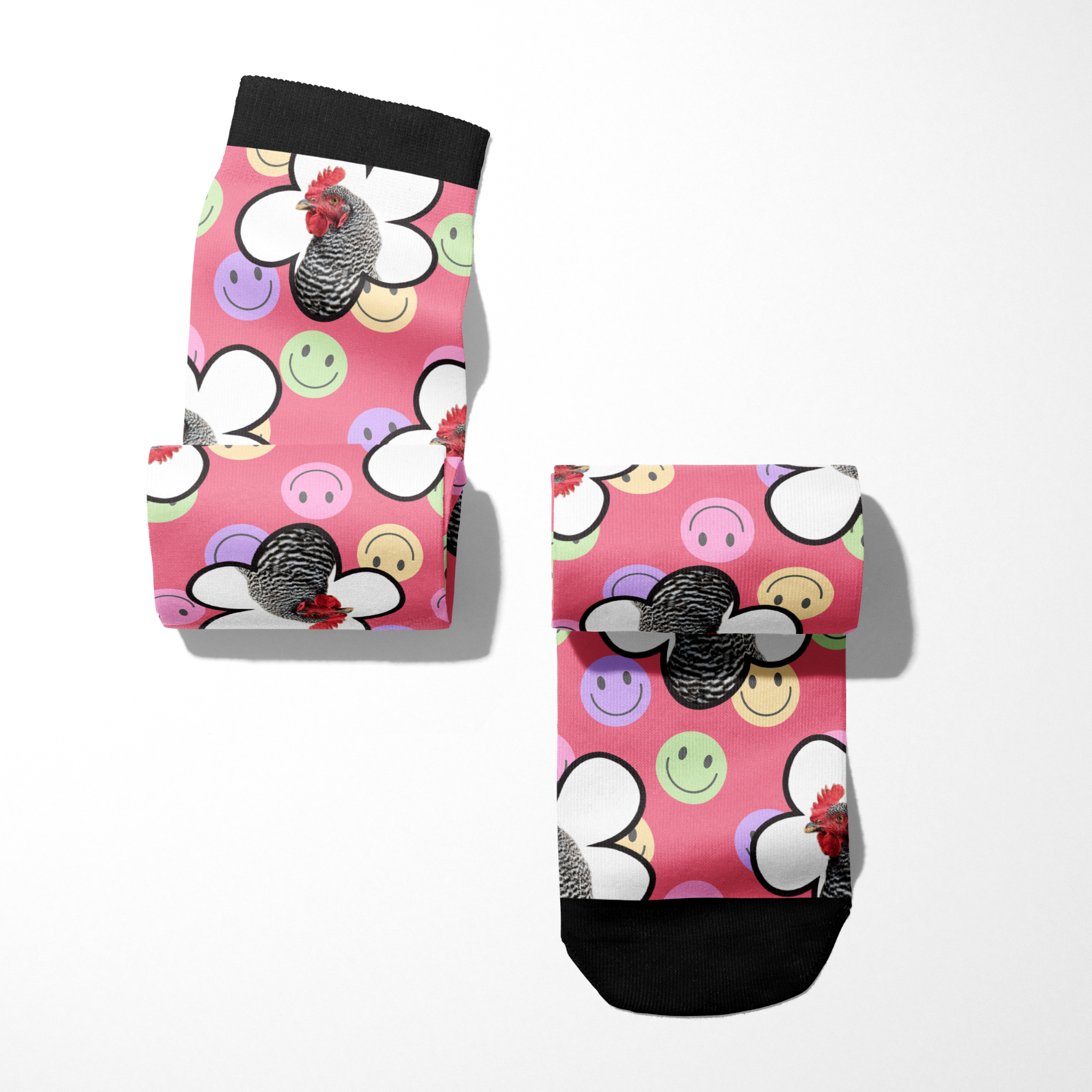 Custom Flower Socks with smiley faces and chicken photo design on pink background