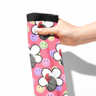 Custom flower socks with smiley faces and chicken photo on pink background