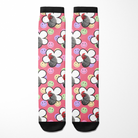 Custom flower socks with smiley faces and rooster design on pink background