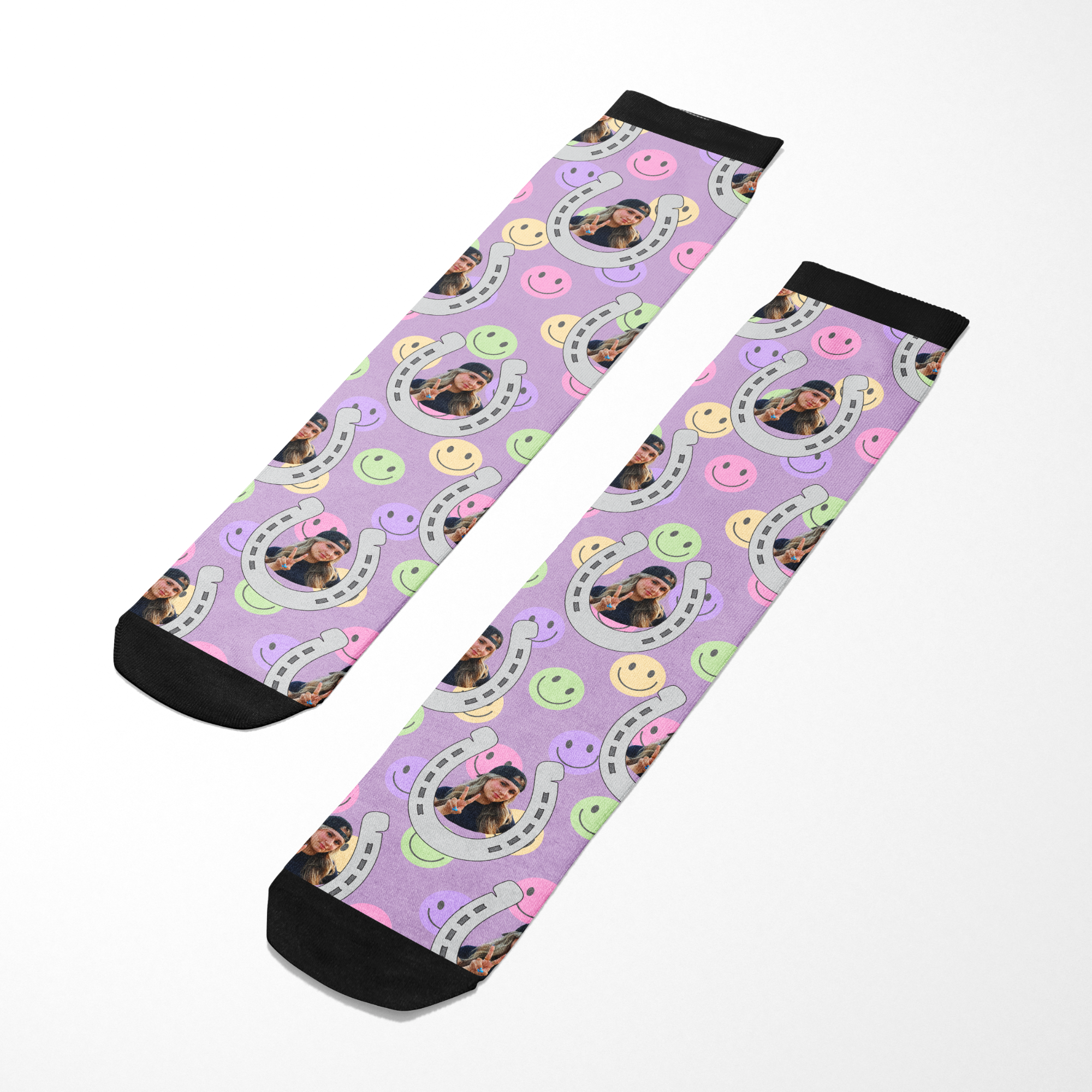 Custom horseshoe pattern personalized photo smiley face purple boot socks with black toes and cuffs
