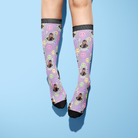 Custom Horseshoe socks with smiley faces and personalized photo on purple background