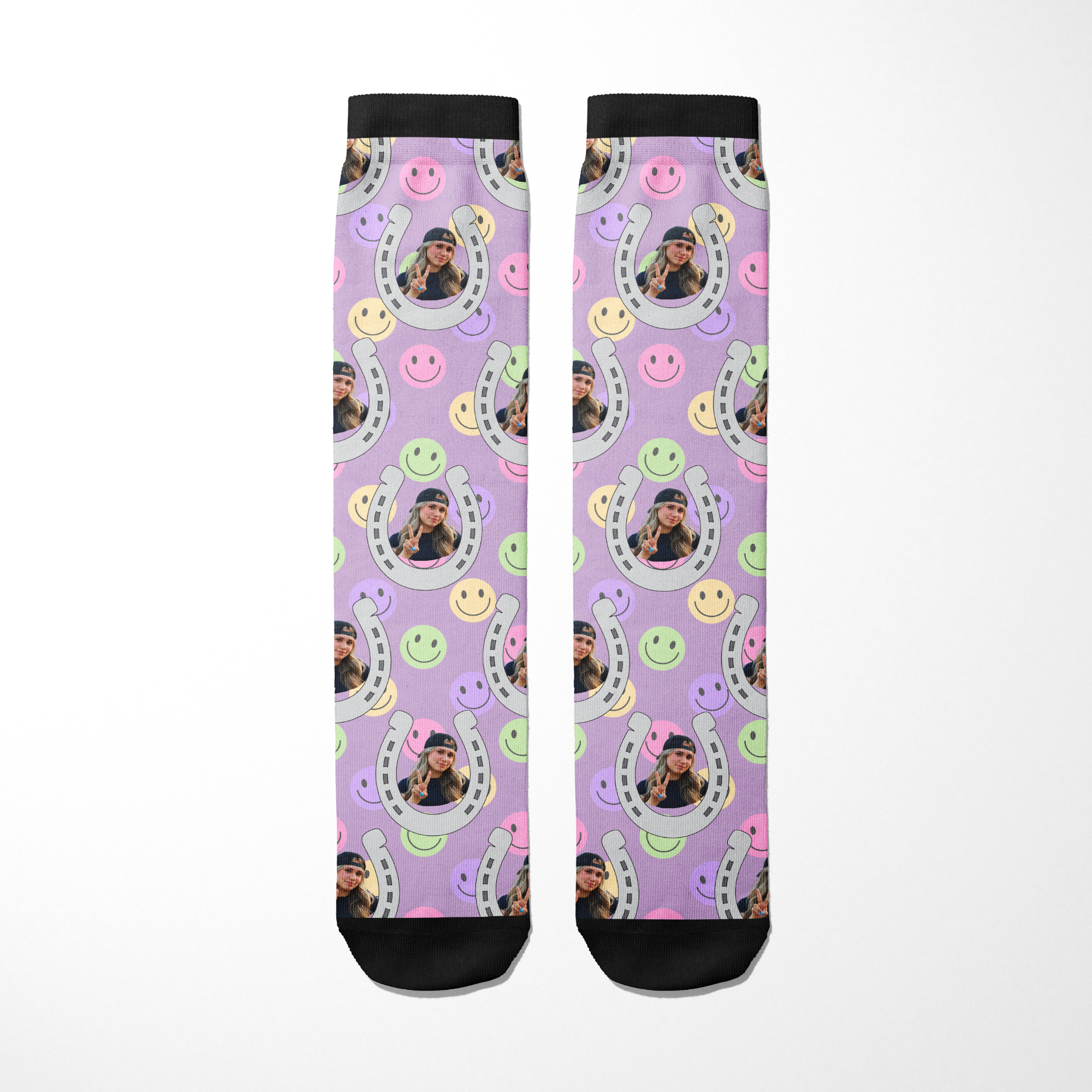 Custom horseshoe pattern socks with smiley faces and personalized photo print