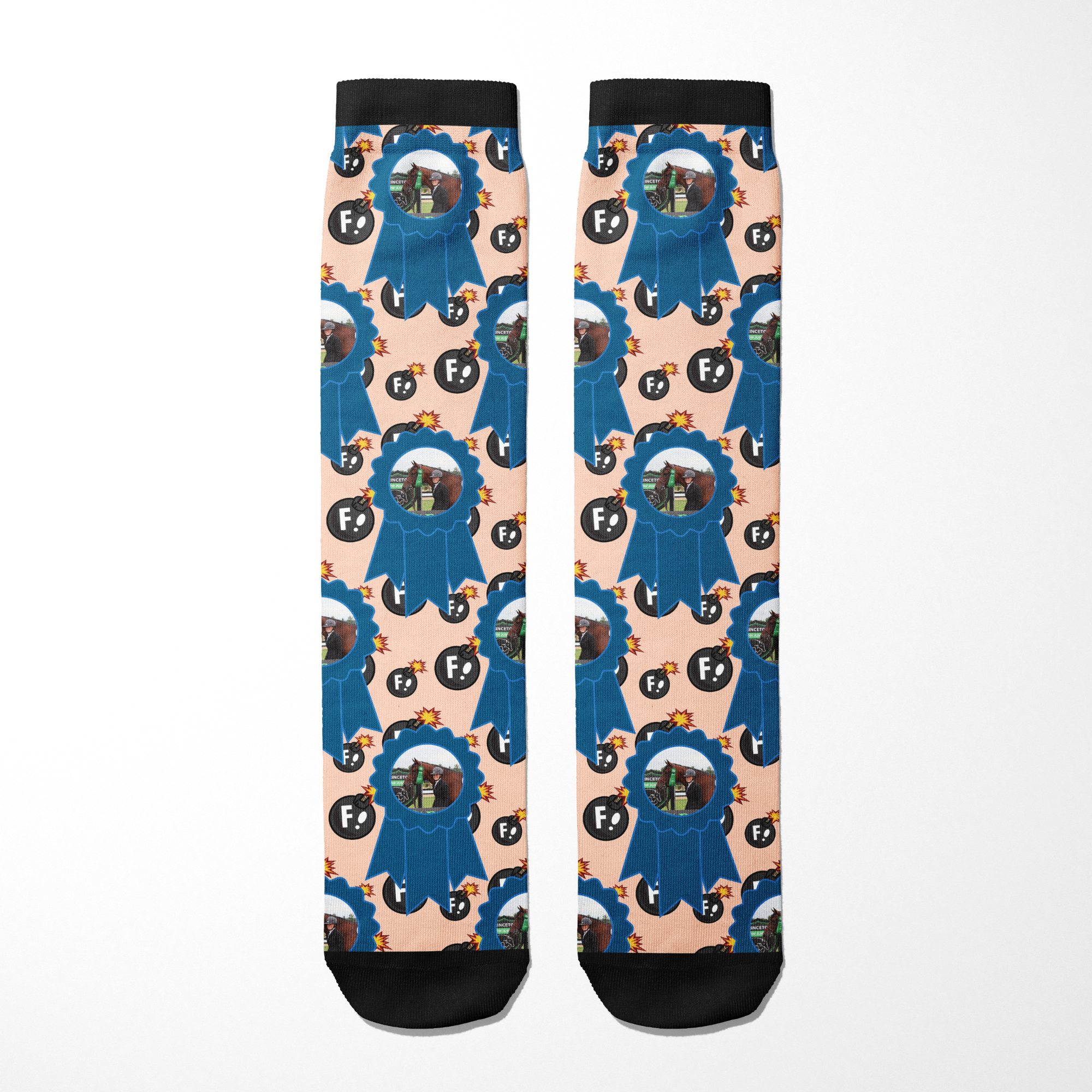 Custom Blue Ribbon with F Bombs Socks featuring personalized photo and bold pattern on soft cotton blend material.