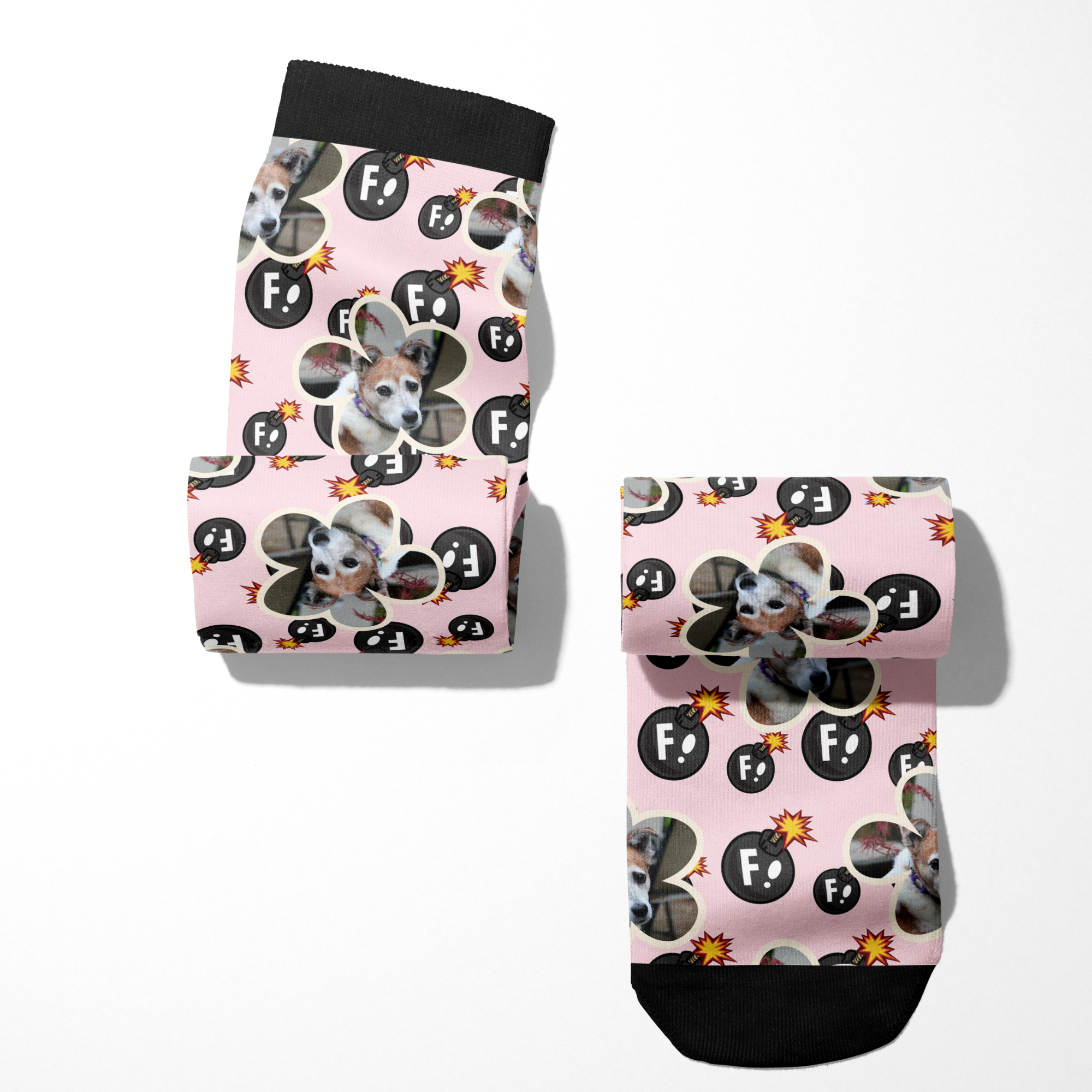Custom flower socks with personalized dog photo and F bomb pattern on pink background