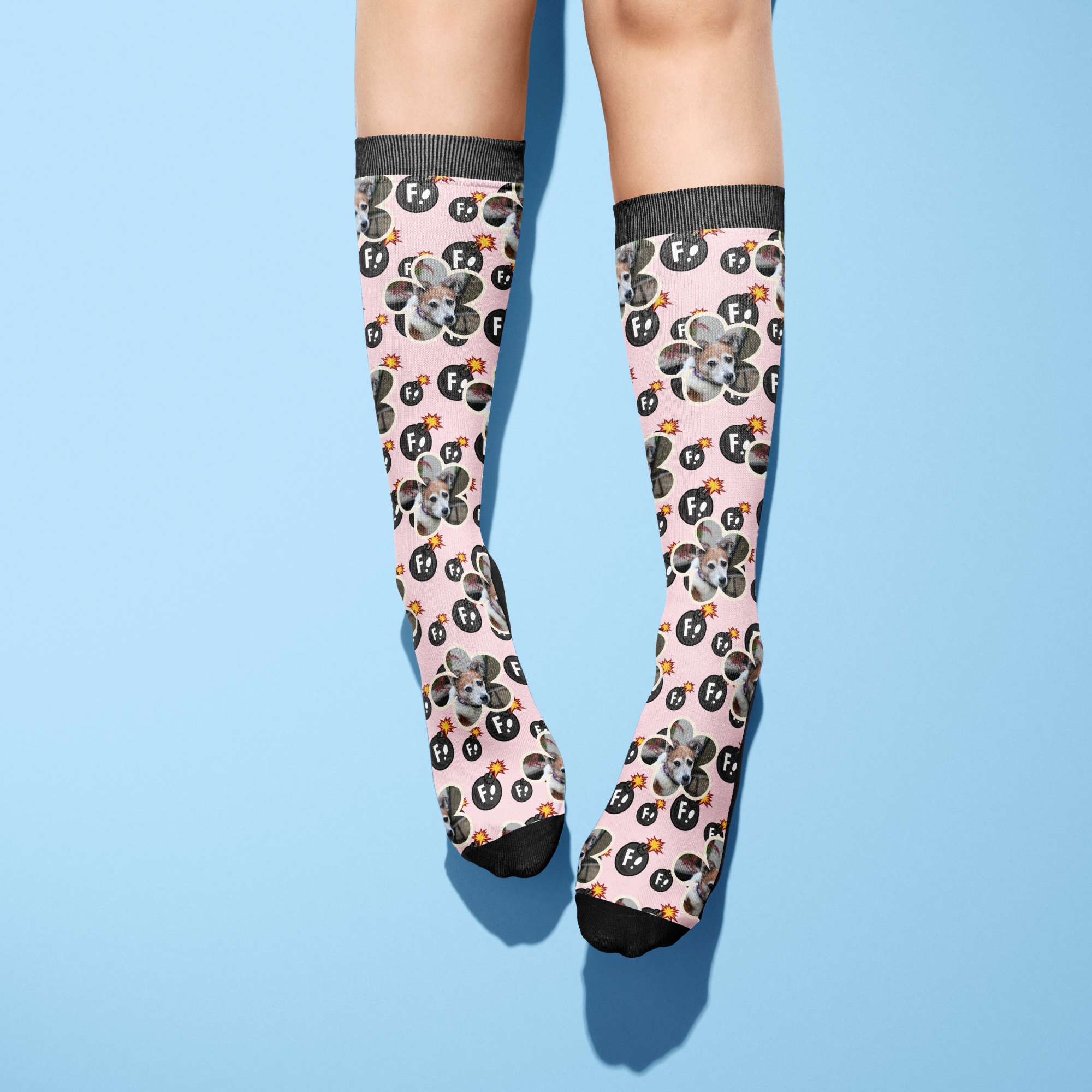 Custom flower socks with personalized animal face and F Bombs pattern on pink background