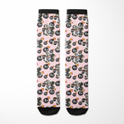 Custom flower socks with personalized pet photo and F Bombs pattern on pink background
