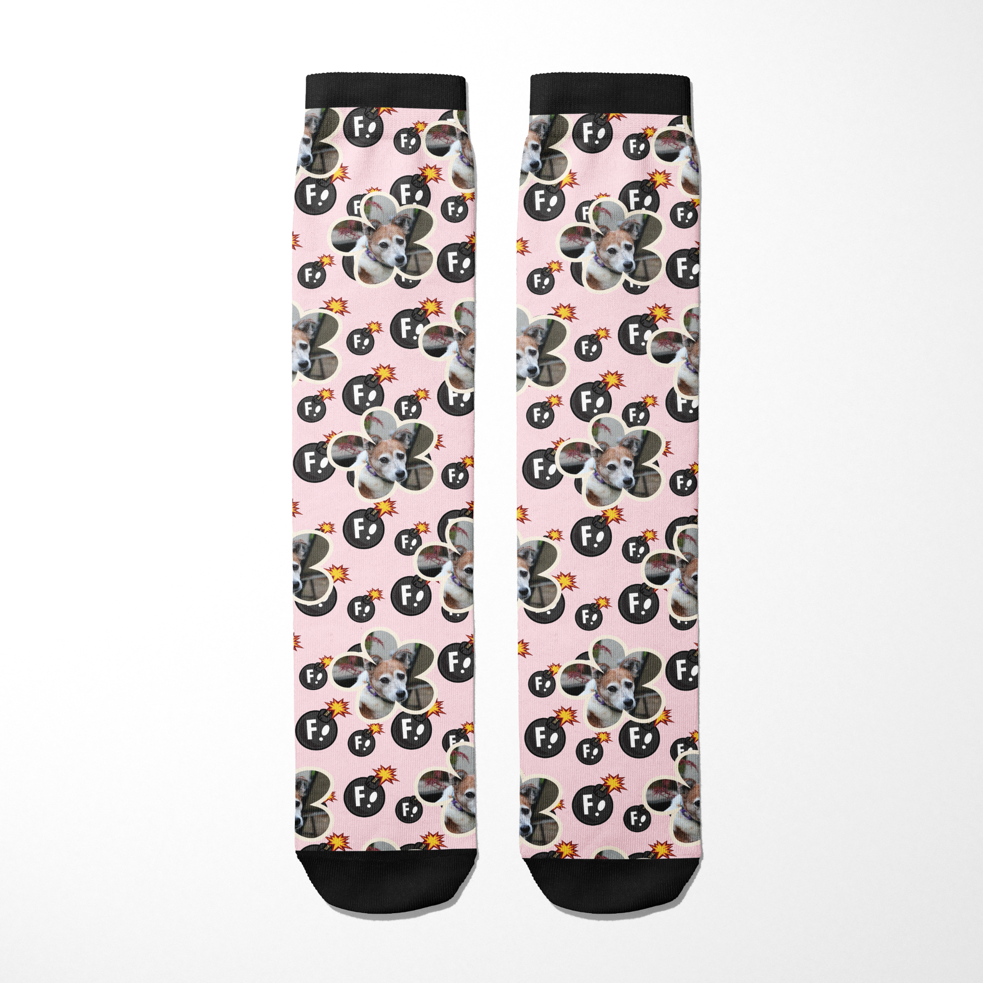 Custom flower socks with personalized pet photo and F Bombs pattern on pink background