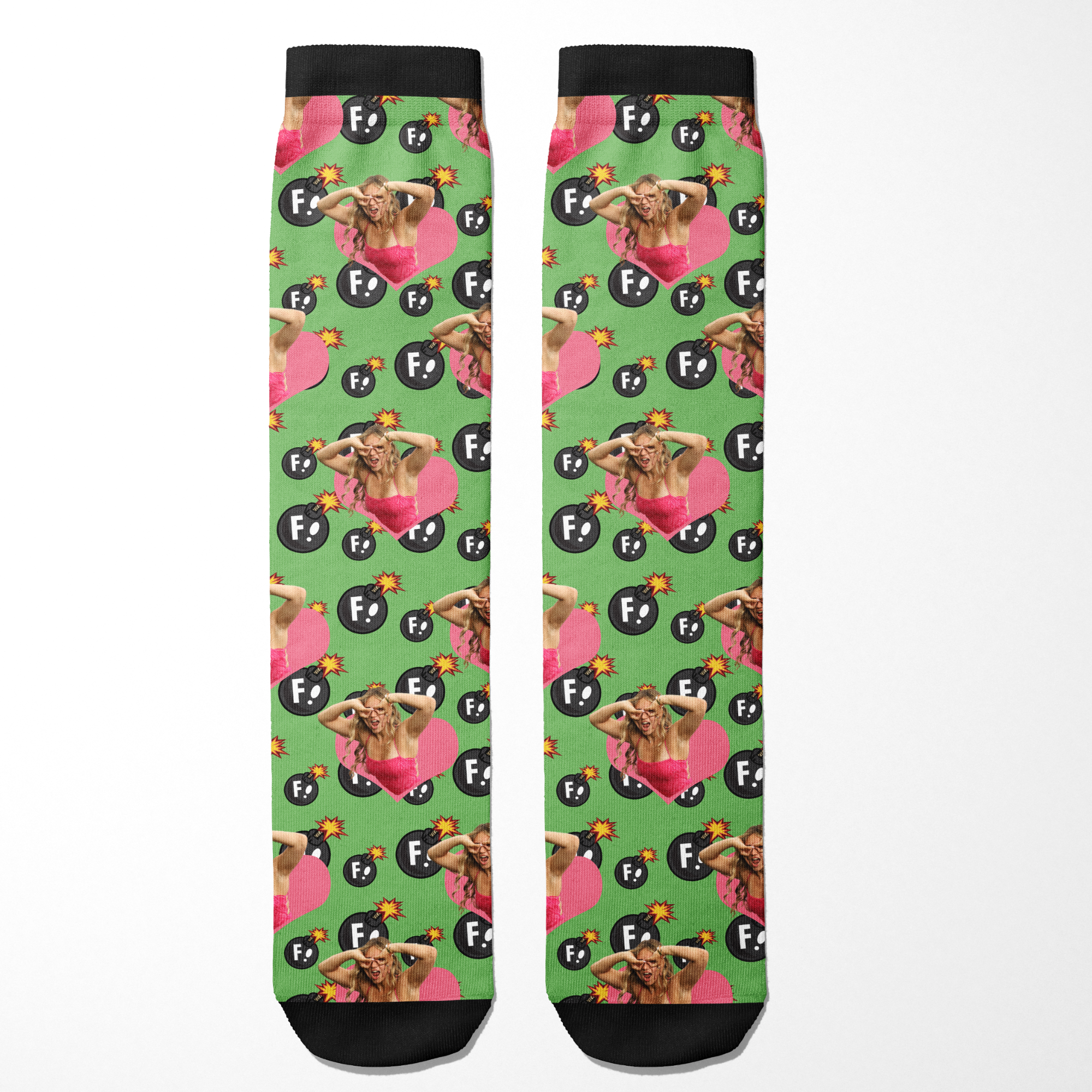 Custom heart with F Bombs socks featuring a personalized photo on green background with black and white F Bomb icons