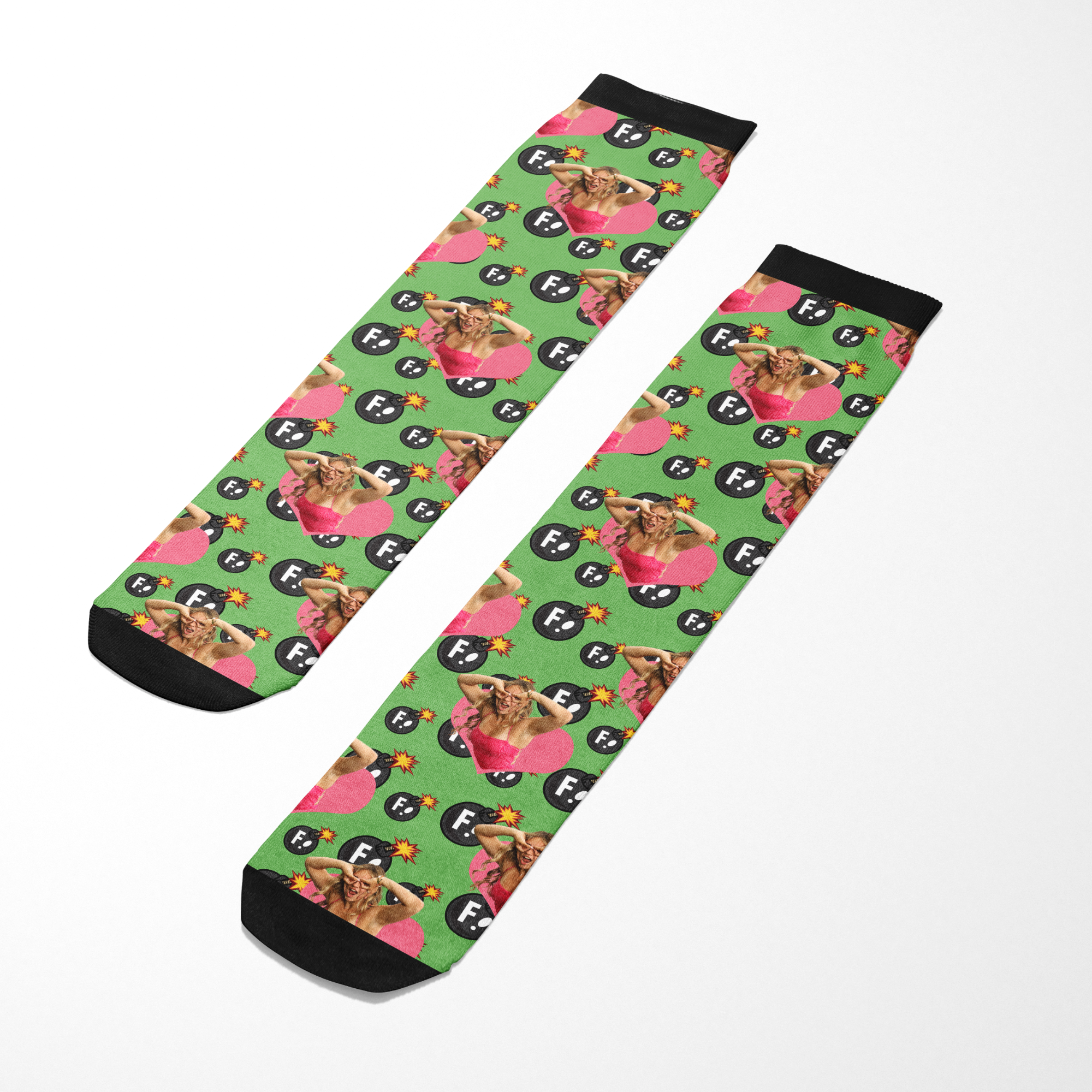 Custom Heart with F Bombs Socks with personalized photo and pattern on green background