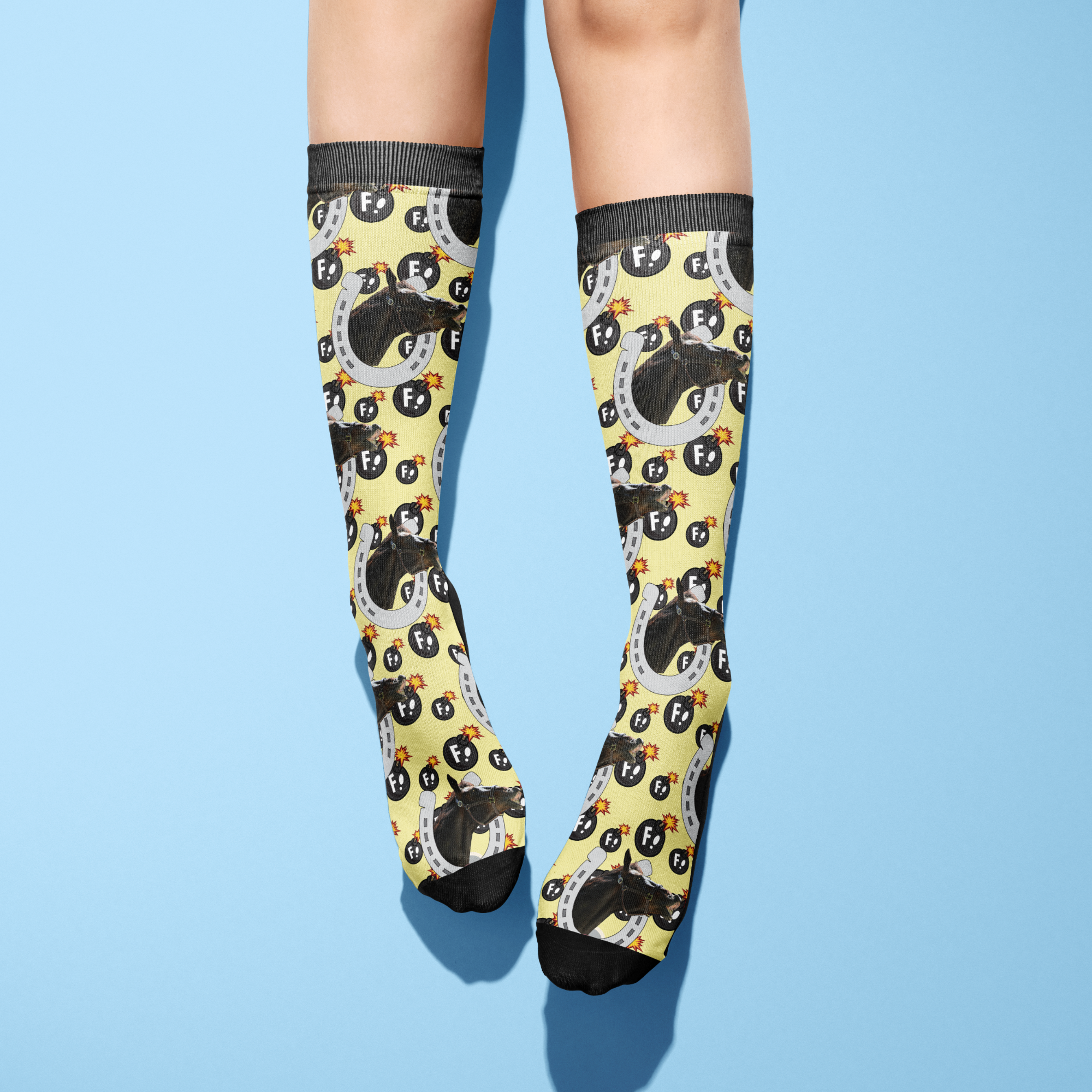 Custom Horseshoe design socks with F Bombs and horse photo print on yellow background