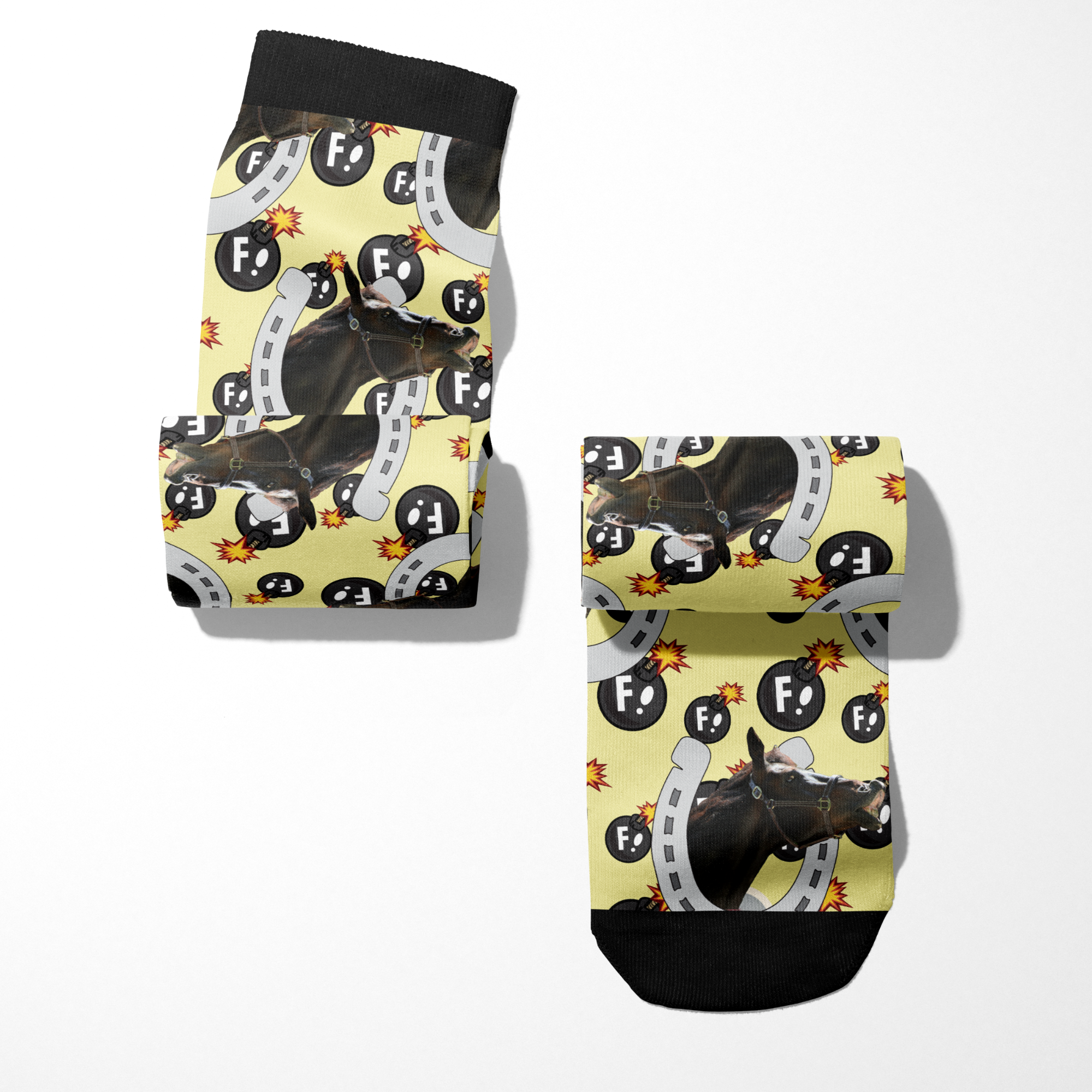 Custom Horseshoe F Bombs socks with horse photo on yellow background