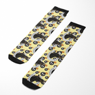 Custom horseshoe pattern socks with repeated F bombs and horse photo design, black toe and cuff, yellow background