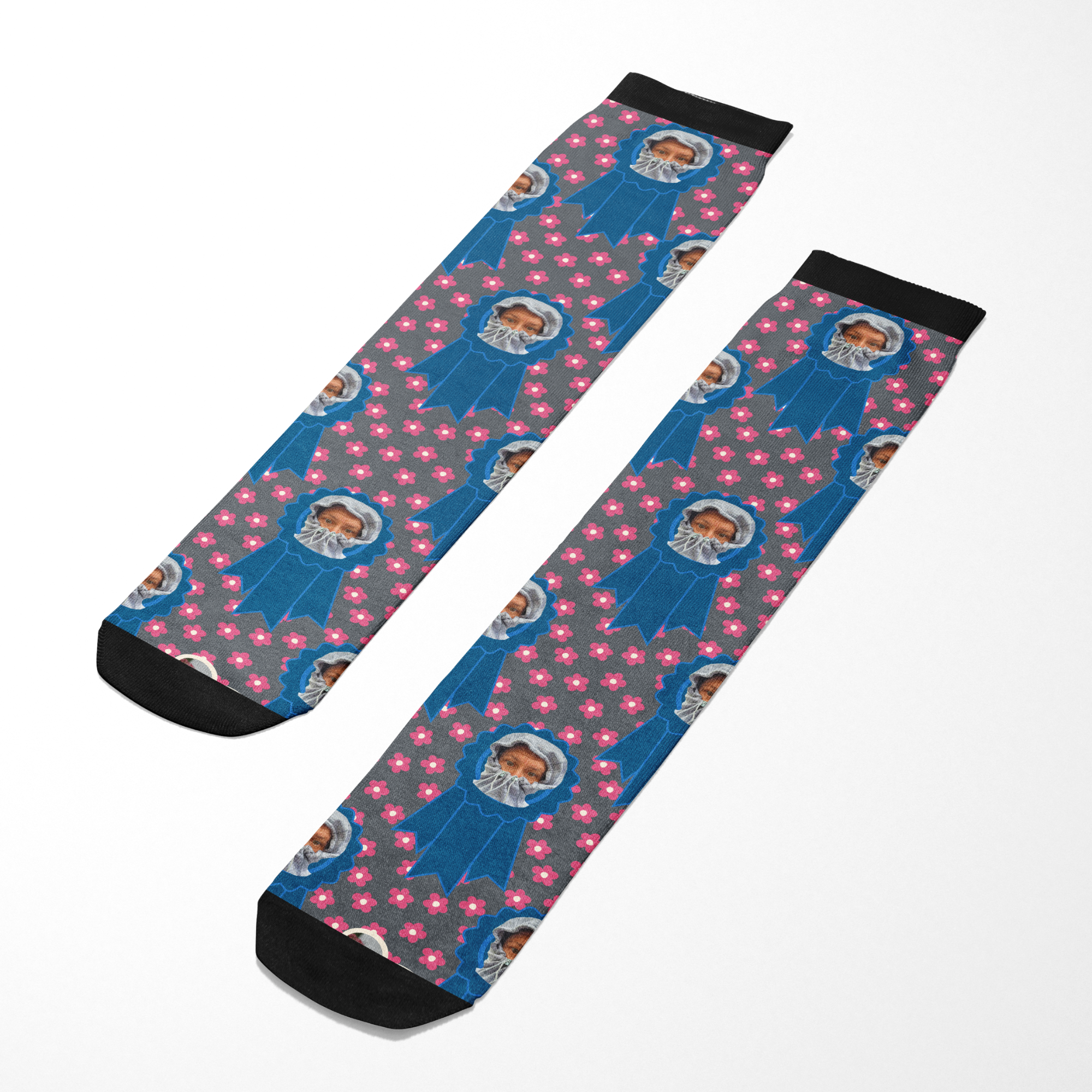 Custom Blue Ribbon socks with pink floral pattern and personalized photo design