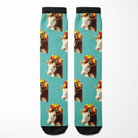 Custom Solo Socks featuring a cow photo with floral crown on turquoise background