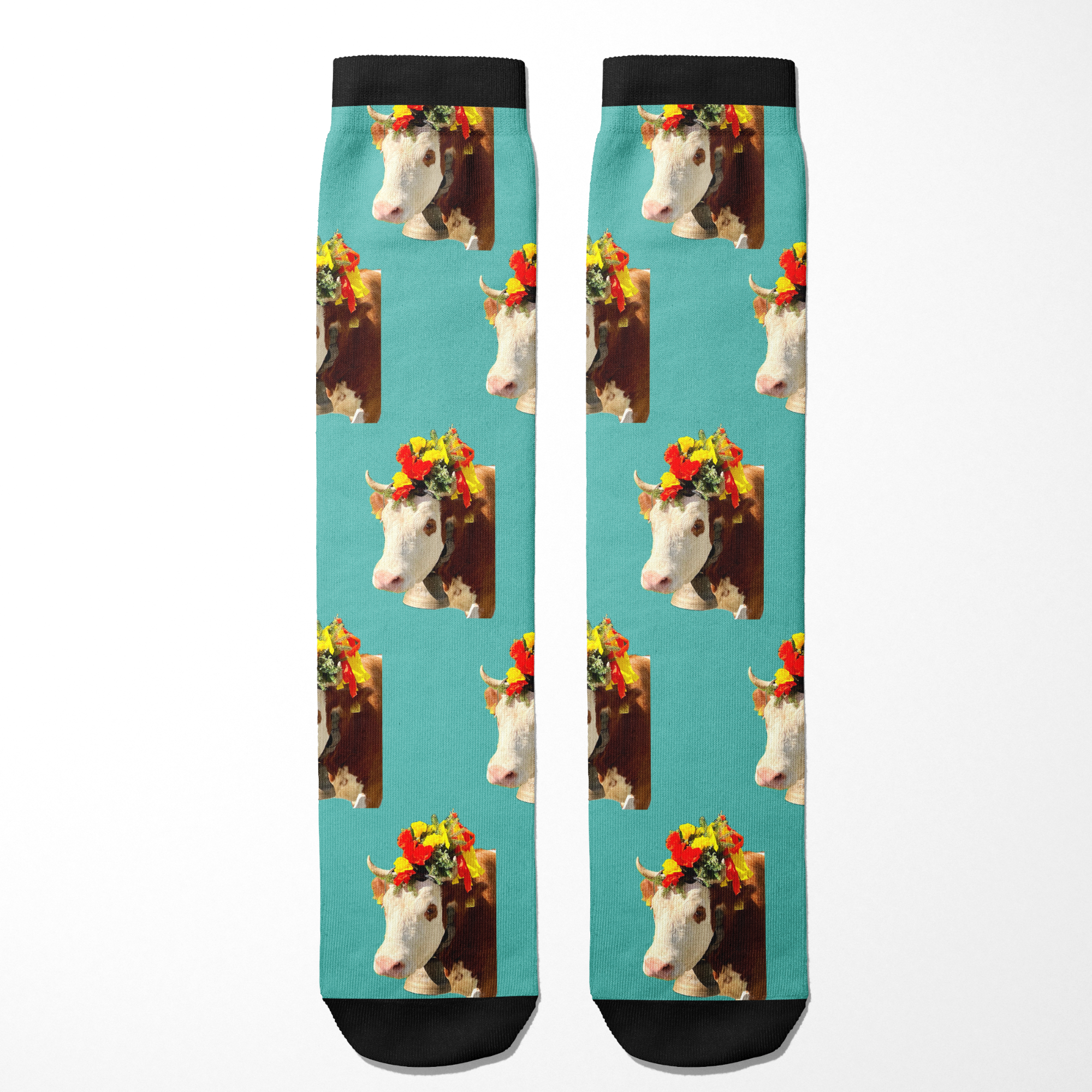 Custom Solo Socks featuring a cow photo with floral crown on turquoise background