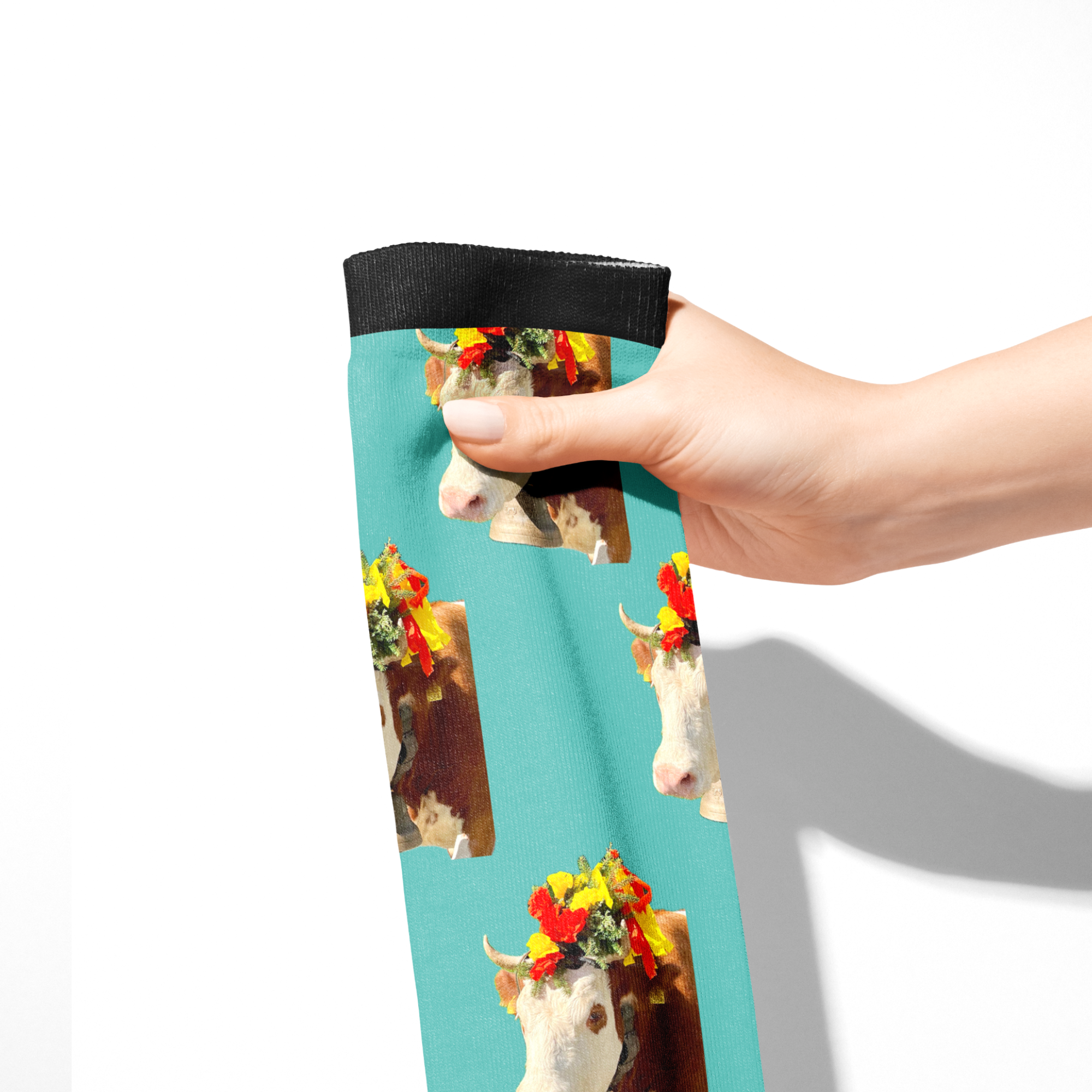 Custom Solo Socks featuring personalized photo design with colorful cow pattern on turquoise background