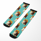 Custom Solo Socks with repeated cow image wearing a flower crown on turquoise background and black accents