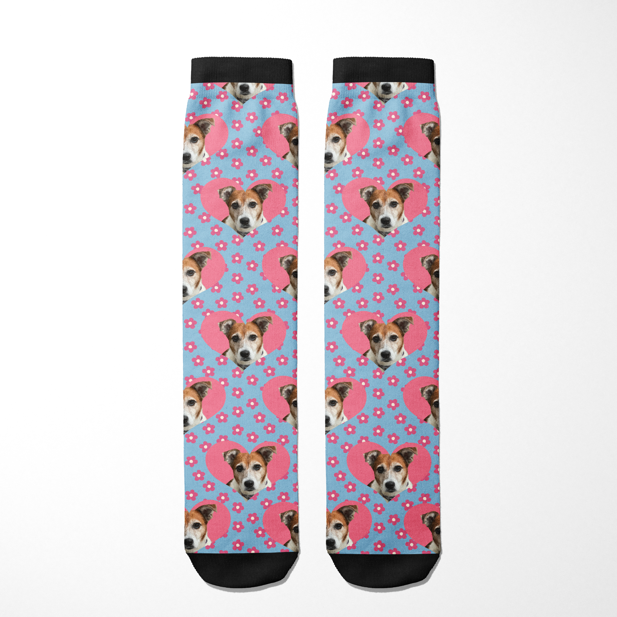 Custom Heart with Pinky Petals Socks featuring a dog's face and floral pattern on blue background