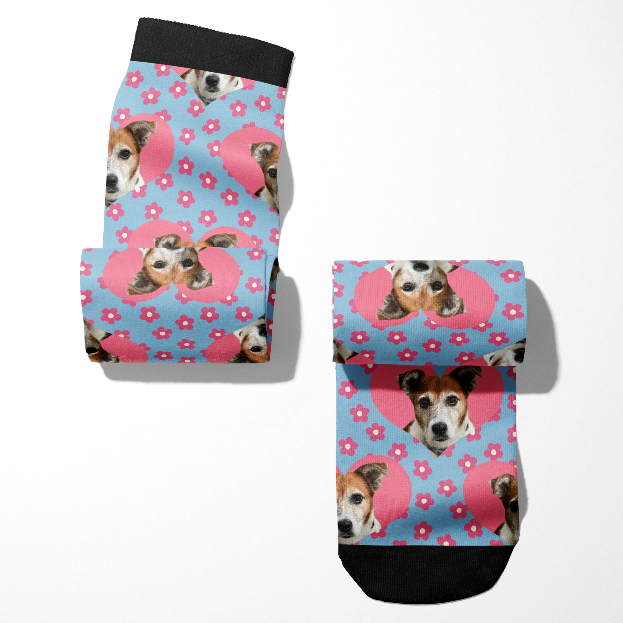 Custom Heart with Pinky Petals Socks featuring personalized pet photo and floral pattern on blue background