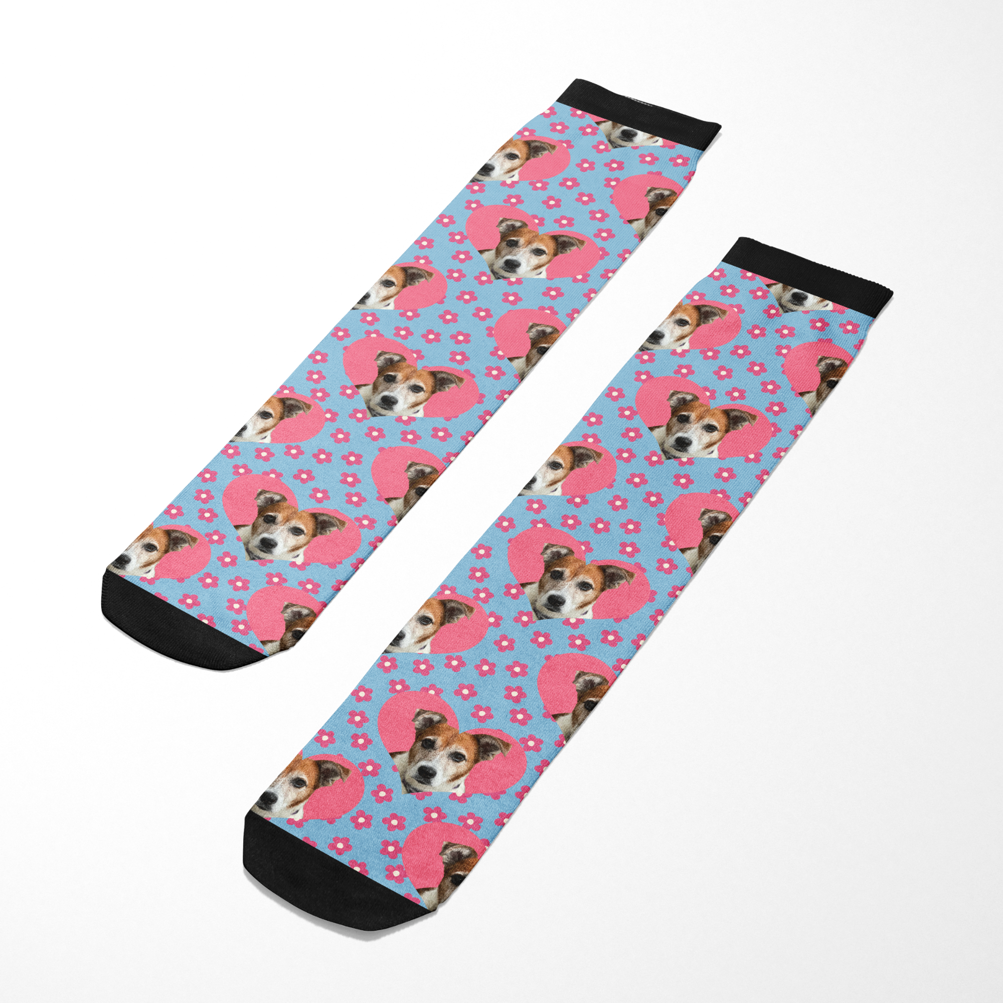 Custom Heart with Pinky Petals Socks featuring personalized pet photo and floral pattern on blue background