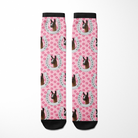 Custom horseshoe and horse photo printed on pink floral Dreamers & Schemers boot socks with black cuffs and toes