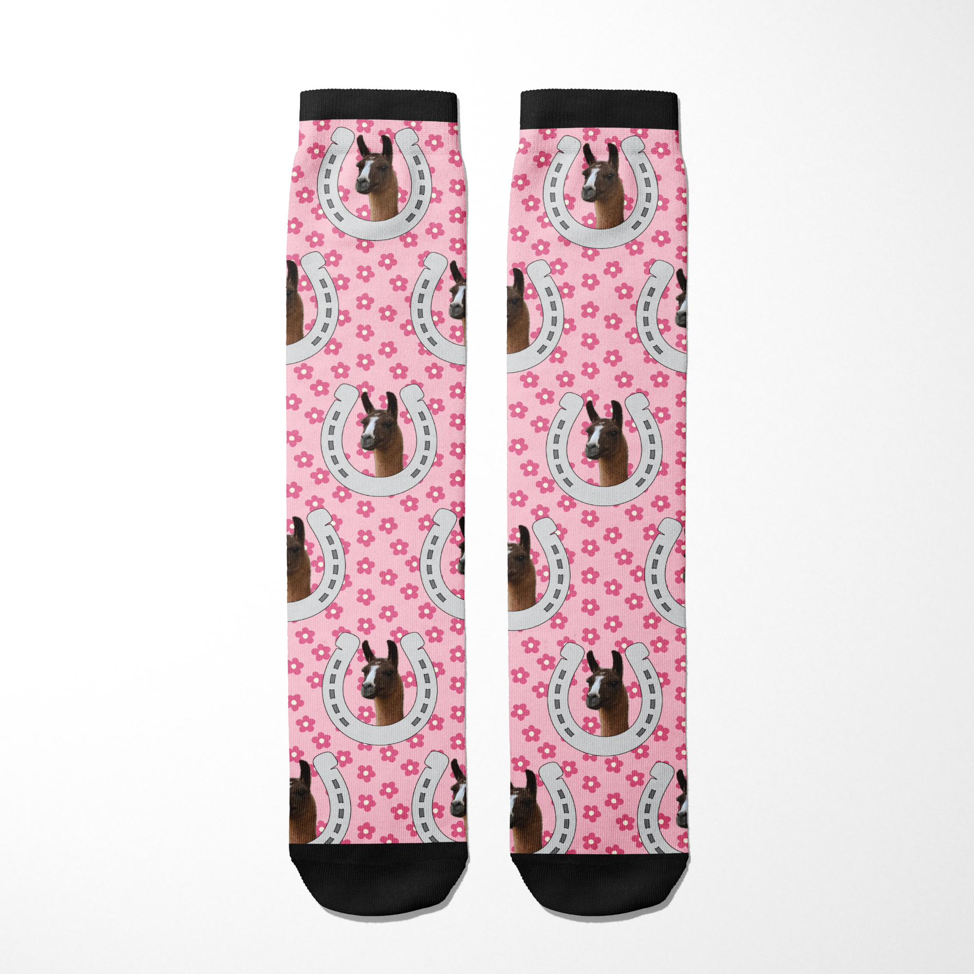 Custom horseshoe and horse photo printed on pink floral Dreamers & Schemers boot socks with black cuffs and toes