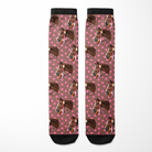 Custom Solo Socks featuring horse faces and pink petals pattern on brown background with black toe and cuff accents