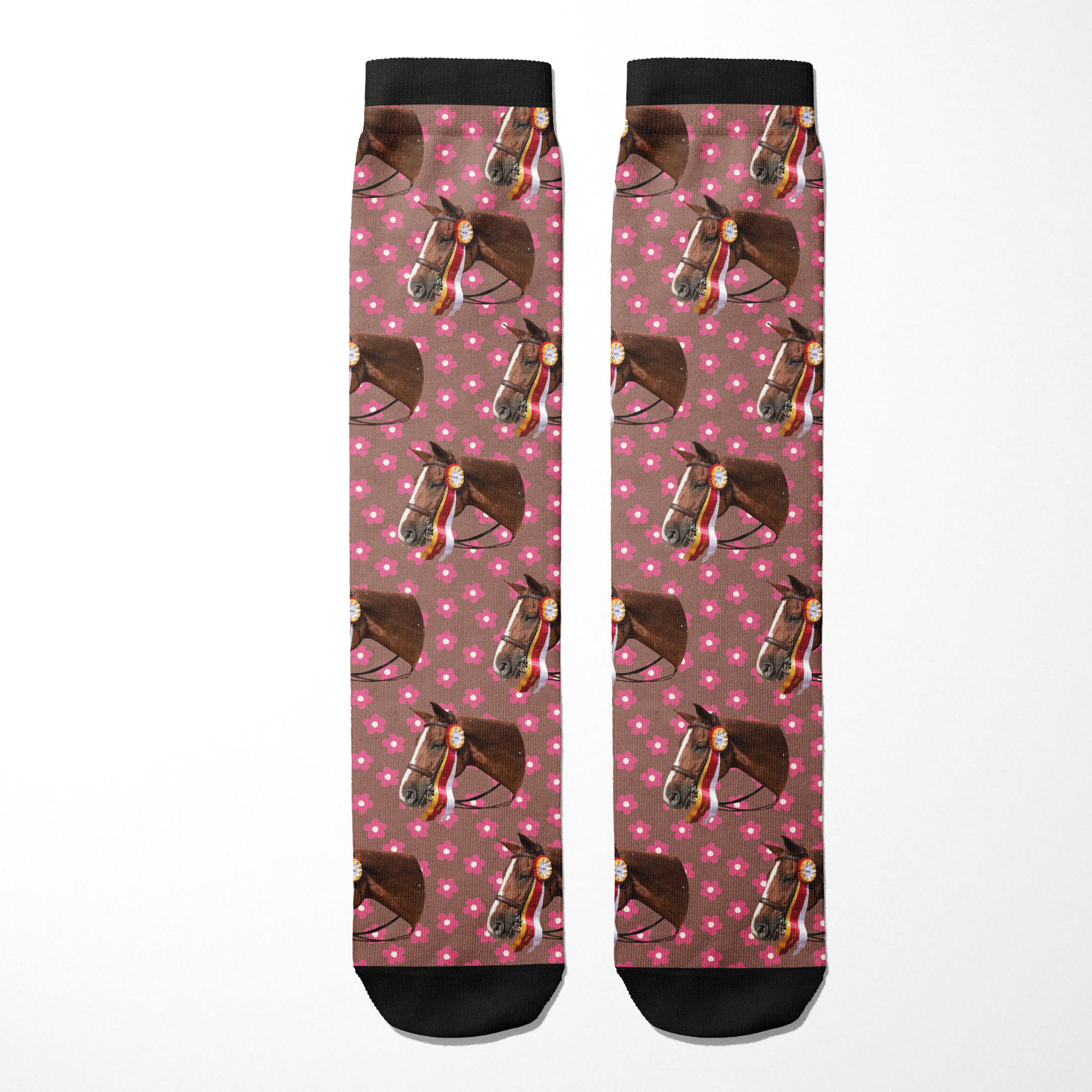 Custom Solo Socks featuring horse faces and pink petals pattern on brown background with black toe and cuff accents
