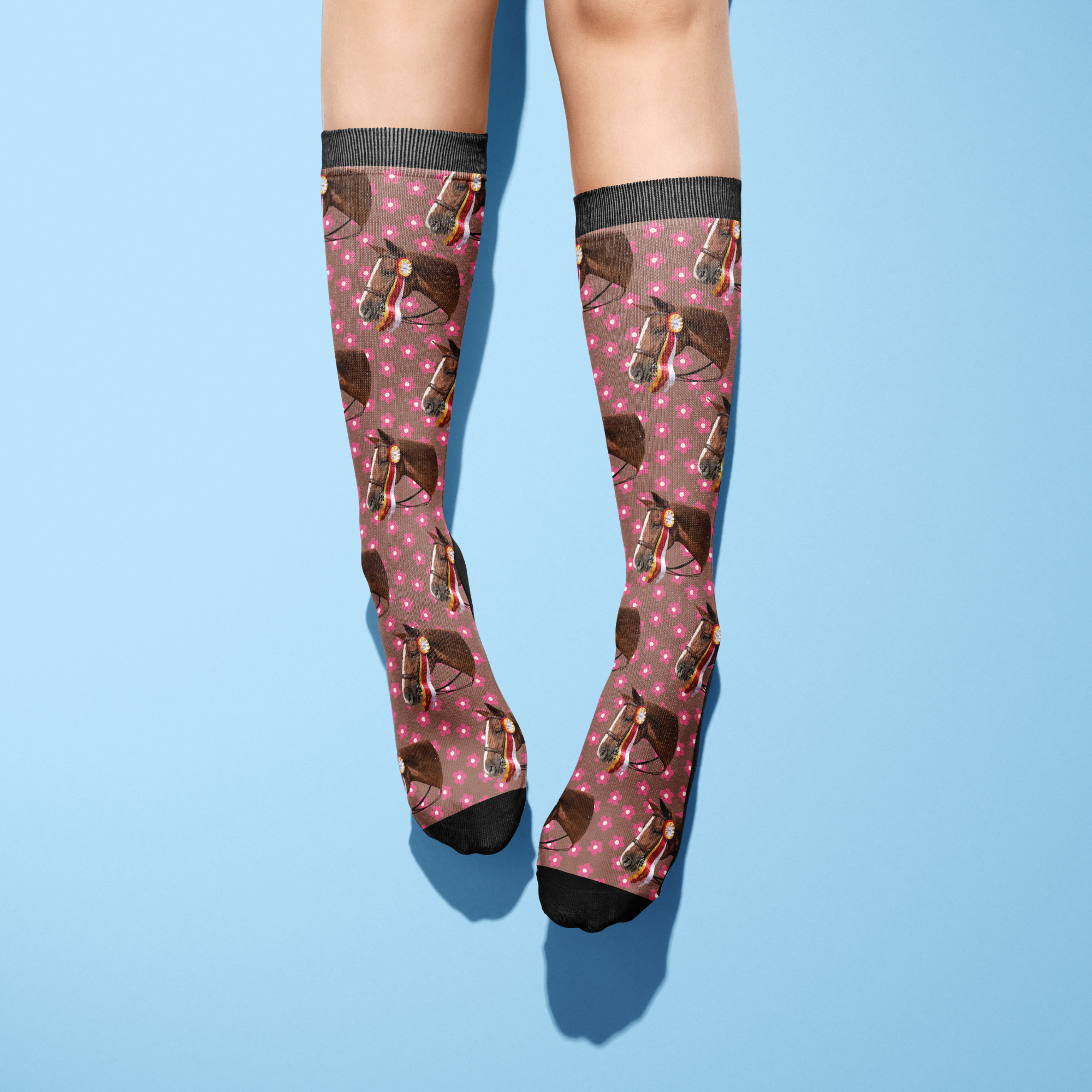Custom Solo Socks featuring personalized horse photo with pink petals pattern on knee-high boot socks.