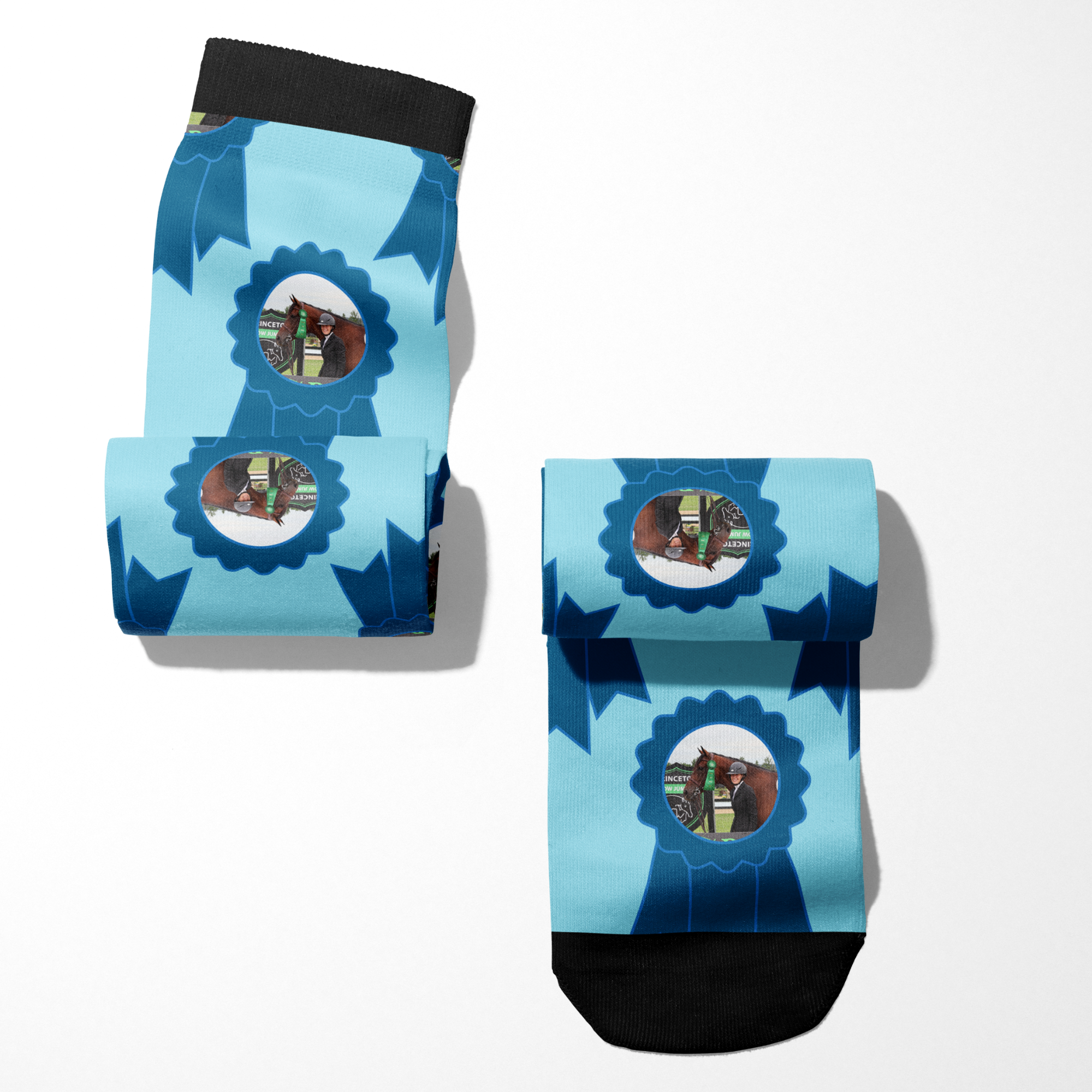 Custom Blue Ribbon Socks with personalized photo and blue ribbon design