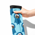 Hand holding custom blue ribbon socks with personalized photo of horse against white background