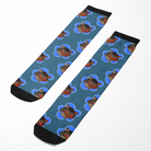 Custom flower socks with personalized photo pattern featuring black cat faces on blue background with black toes and cuffs