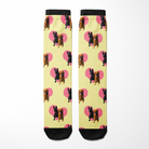 Custom Heart Socks with personalized dog photos and pink heart patterns on yellow background