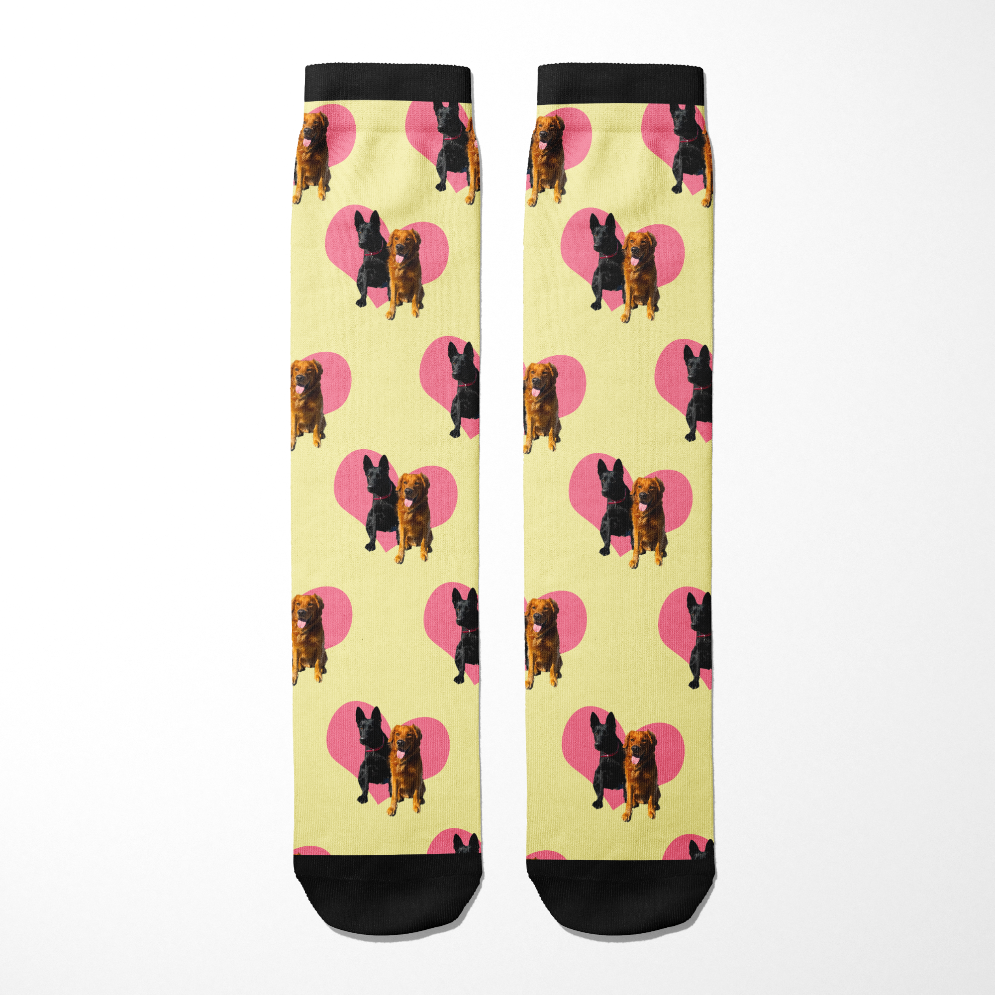 Custom Heart Socks with personalized dog photos and pink heart patterns on yellow background