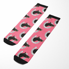 Custom horseshoe socks featuring horse and horseshoe pattern on pink background with black toe and cuff