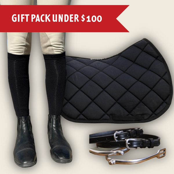 Not So Basic Black equestrian gift bundle with black saddle pad, black boot socks, and black leather spur straps under $100