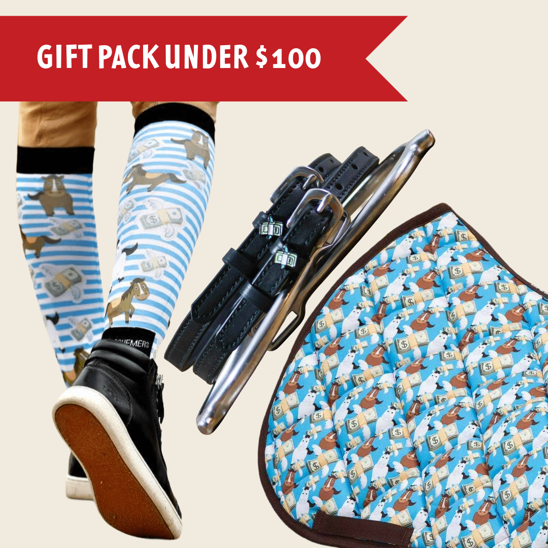 Cash Money Bundle equestrian gift pack with socks, non-stretch spur straps, and Dreamers & Schemers saddle pad under $100