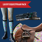 Lucky Equestrian Bundle with colorful saddle pad, four-leaf clover spur straps, and matching socks for riders