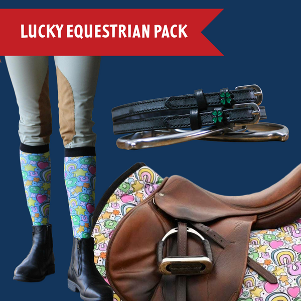 Lucky Equestrian Bundle with colorful saddle pad, four-leaf clover spur straps, and matching socks for riders